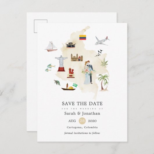 コロンビアの目的地ウェディングの水彩地図 案内ポストカード (正面/裏面)