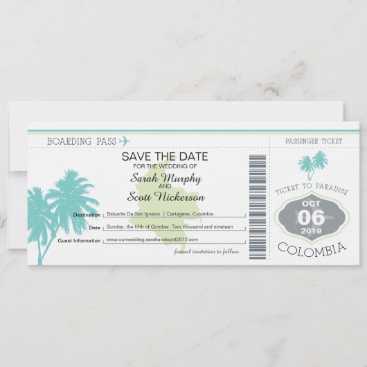 コロンビアへの搭乗券の保存 セーブザデート (正面)