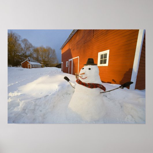コロンビアフォールズの赤い納屋の前の雪だるま ポスター (正面)
