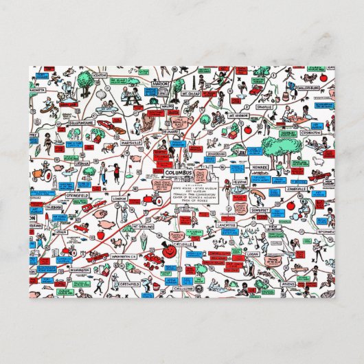 コロンブススプリングフィールドニュアークのレトロ60s漫画の地図 ポストカード (正面)