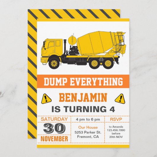 コンクリートミキサー建築子供の誕生日パーティー 招待状 (正面/裏面)