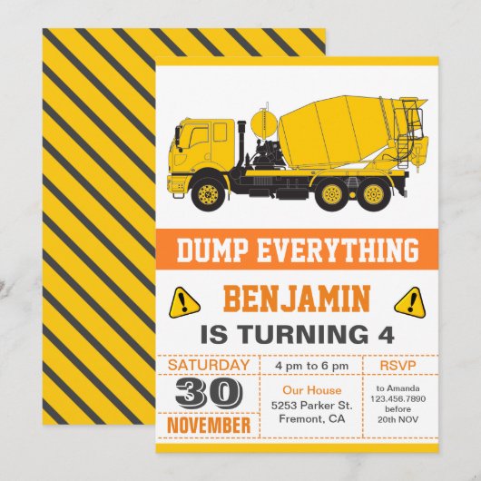コンクリートミキサー 建設業 子供の誕生日パーティー 招待状 (正面/裏面)