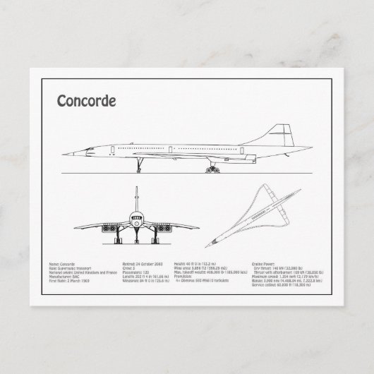 コンコルド – 飛行機の設計図スケッチ計画BD ポストカード (正面)