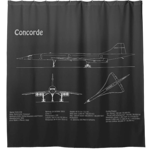 コンコルド – 飛行機の設計図スケッチ計画PD シャワーカーテン (正面)