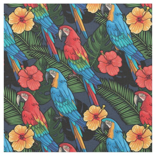 コンゴウインコおよびハイビスカスパターン ファブリック (クローズアップ)