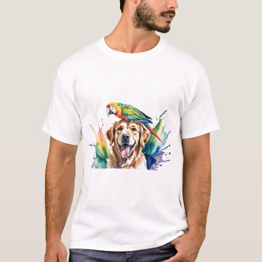 コンゴウインコとゴールデンレトリバーの水彩画 Tシャツ (正面)