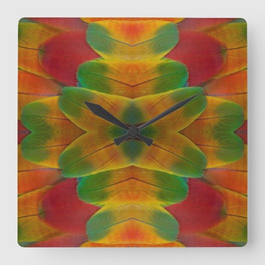 コンゴウインコのオウムの羽の万華鏡のように千変万化するパターン スクエア壁時計 (正面)