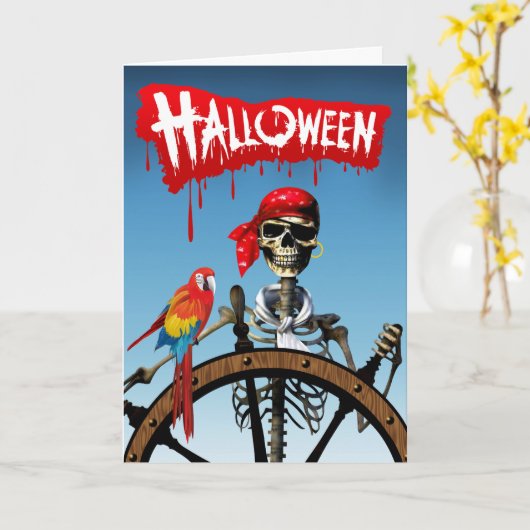 コンゴウインコのハローウィンパーティを持つ海賊骨組船員 カード (黄色い花)
