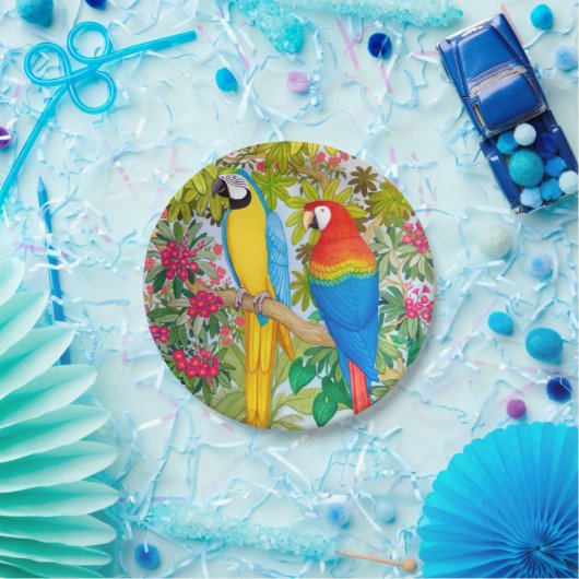 コンゴウインコは熱帯鳥の紙皿をオウム返しします ペーパープレート (パーティー)