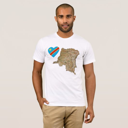 コンゴ・キンシャサ国旗のハートと地図Tシャツ Tシャツ (正面フル)
