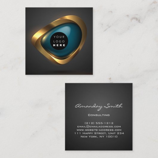 コンサルティング金ゴールドティール(緑がかった色)グレー抽象芸術ロゴモダン スクエア名刺 (正面/裏面)