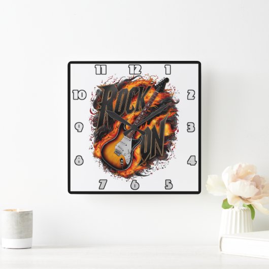 コンサートで激しい炎の中で揺れるギター スクエア壁時計 (ホーム)