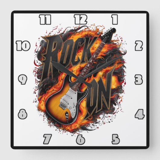 コンサートで激しい炎の中で揺れるギター スクエア壁時計 (正面)