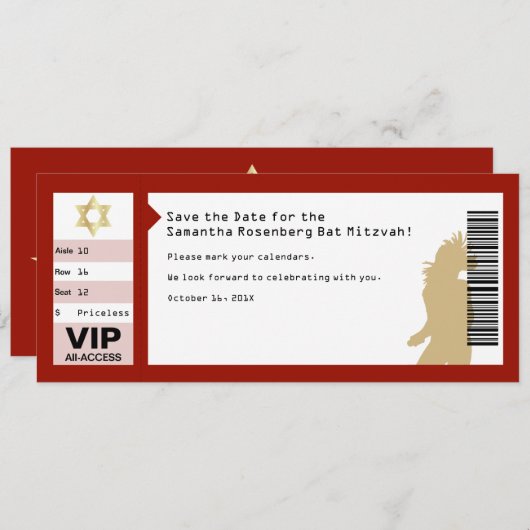 コンサートのチケットのバルミツワーの深紅 セーブザデート (正面/裏面)