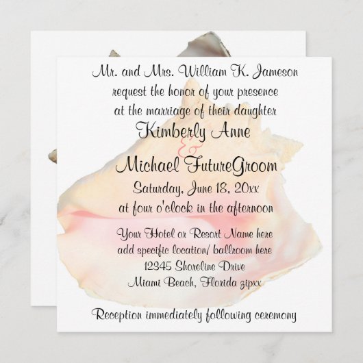 コンシュの貝のビーチのテーマの結婚式 招待状 (正面/裏面)