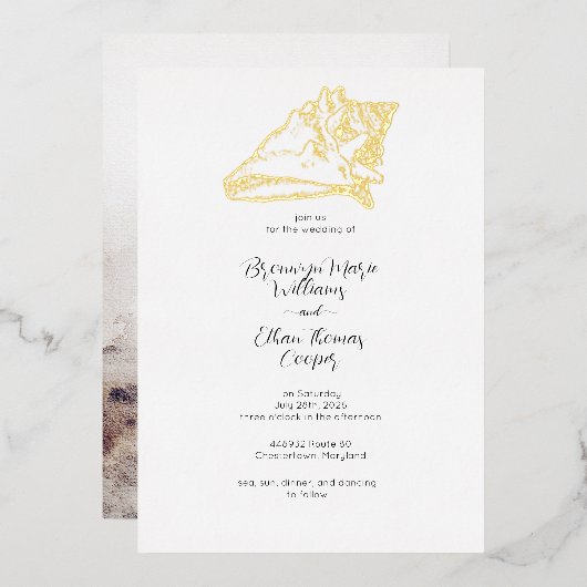 コンシンプルチシーシェルサンディビーチ 箔招待状 (正面/裏面)