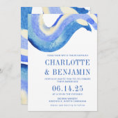 コンテンポラリー抽象芸術アートブルーウォーター結婚カラー 招待状 (正面/裏面)