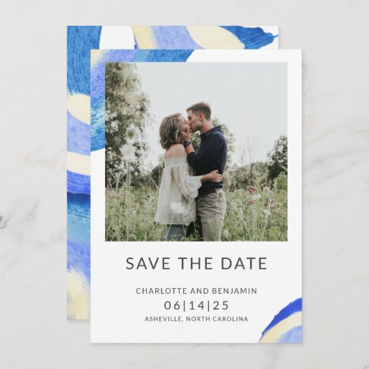 コンテンポラリー抽象芸術ブルー水彩写真 セーブザデート (正面/裏面)