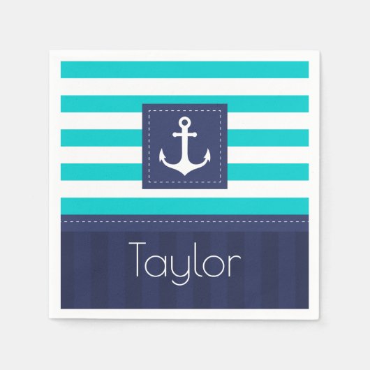 コンテンポラリー航海のストライプのデザインパーソナライズされた スタンダードカクテルナプキン (正面)