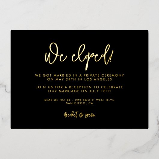 コンテンポラリー黒と金ゴールドの展開披露宴 箔招待状 (正面)