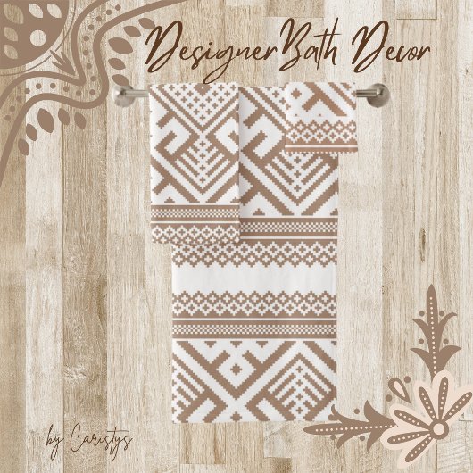 コンテンポラリーTaupe、Linen、Brown パターン（の模様が）ある バスタオルセット