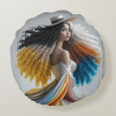 コントラストの優雅さ:巻き毛の女性 ラウンドクッション (裏面)