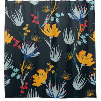 コントラストフローラブラシ:黒シームレス シャワーカーテン