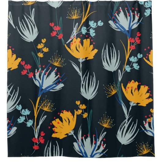 コントラストフローラブラシ：黒シームレス シャワーカーテン (正面)