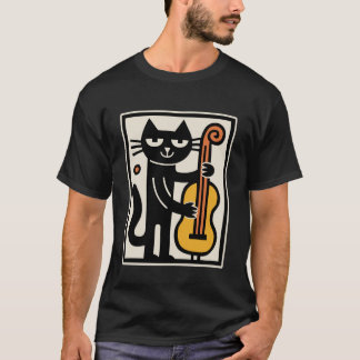 コントラバスを演奏する猫の音楽アート Tシャツ