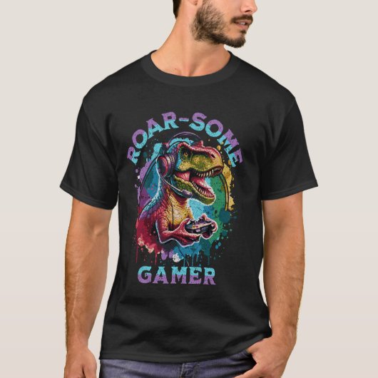 コントローラー付き轟音のゲーマー恐竜 Tシャツ (正面)