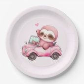 コンバーチブルを運転する笑顔のピンクのナマケモノ ペーパープレート (正面)
