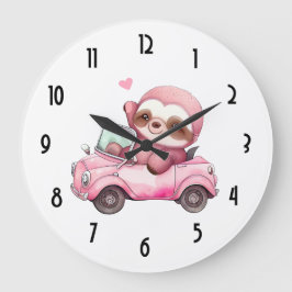 コンバーチブルを運転する笑顔のピンクのナマケモノ ラージ壁時計