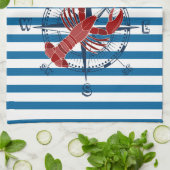 コンパスおよびロブスター青および白ストライプなタオル キッチンタオル (折り畳み)