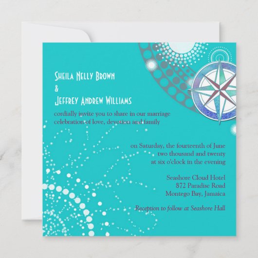 コンパスとジオメトリックシェイプアクア結婚ズ 招待状 (裏面)