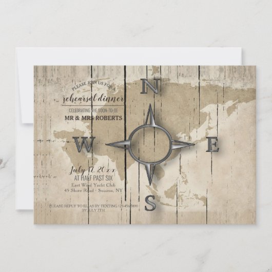 コンパスと世界地図のリハーサルディナーパーティー 招待状 (正面)
