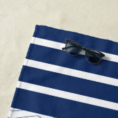コンパスオンホワイト、青ストライプ色 ビーチタオル (インサイチュ)