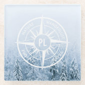 コンパススターエンブレムモノグラム冬スプルース林 ガラスコースター (正面)