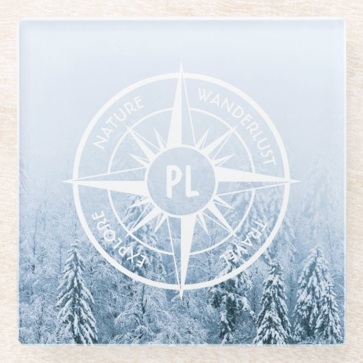 コンパススターエンブレムモノグラム冬スプルース林 ガラスコースター (正面)
