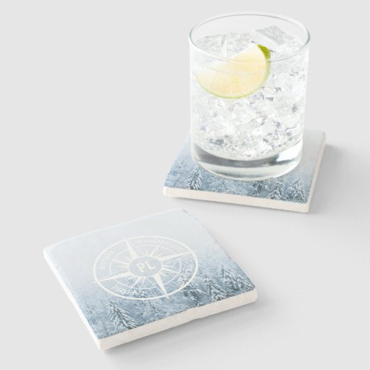 コンパススターエンブレムモノグラム冬スプルース林 ストーンコースター (横)
