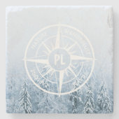 コンパススターエンブレムモノグラム冬スプルース林 ストーンコースター (正面)