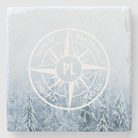 コンパススターエンブレムモノグラム冬スプルース林 ストーンコースター (正面)