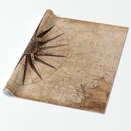 コンパスセーリング船ディスカバリー時代の世界地図 ラッピングペーパー (アンロールド)