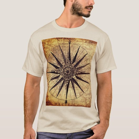 コンパスセーリング船ディスカバリー時代の世界地図 Tシャツ (正面)