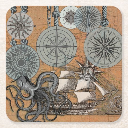 コンパスバラヴィンテージ航海のタコ船 スクエアペーパーコースター (正面)