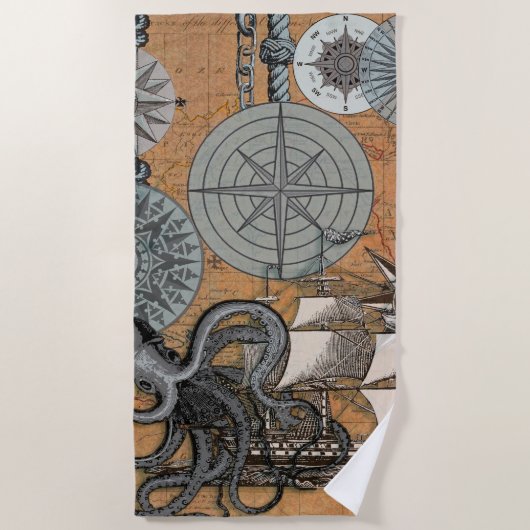 コンパスバラヴィンテージ航海のタコ船 ビーチタオル (正面)