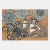 コンパスバラヴィンテージ航海のタコ船 ラッピングペーパーシート (正面)