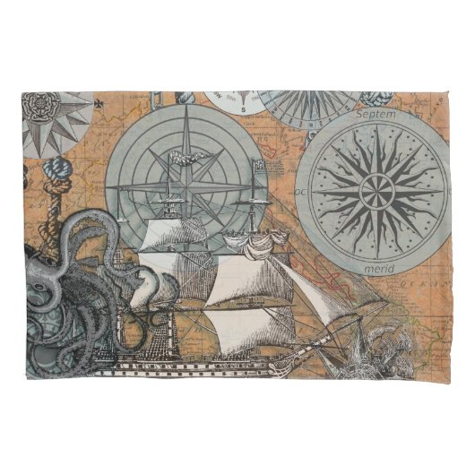 コンパスバラヴィンテージ航海のタコ船 枕カバー (正面)