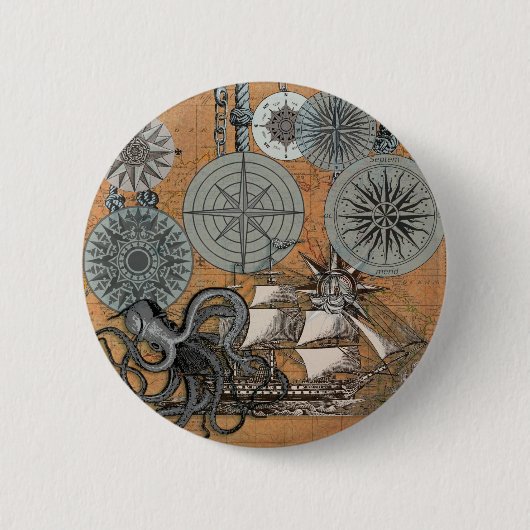 コンパスバラヴィンテージ航海のタコ船 缶バッジ (正面)