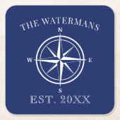 コンパスバラ航海のファミリ名ネイビーブルー スクエアペーパーコースター (正面)
