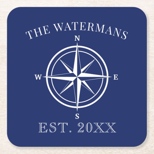 コンパスバラ航海のファミリ名ネイビーブルー スクエアペーパーコースター (正面)